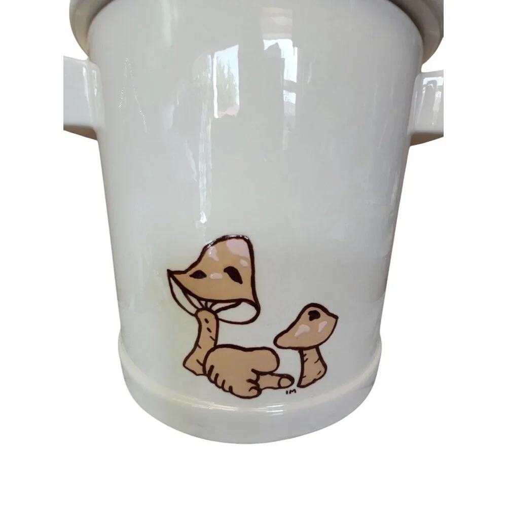 White‎ Ceramic Milk Can Style Cookie Jar Mushroom Design Handles MCM